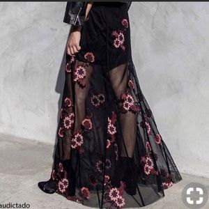 Forever 21 Black and Pink Floral Maxi Skirt